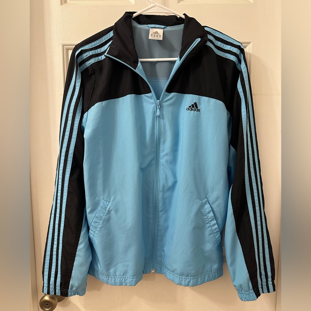 Adidas Light Blue and Black Windbreaker